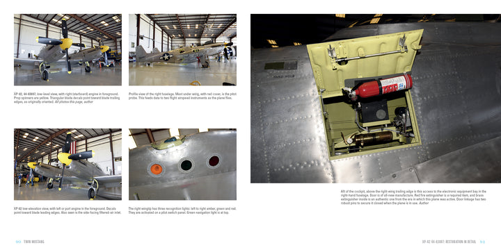 Four images display exterior and interior views of the Twin Mustang from Schiffer Publishing, Ltd., showing its cockpit, fuselage, tail, and an open panel with components such as a red fire extinguisher, all viewed inside a hangar.