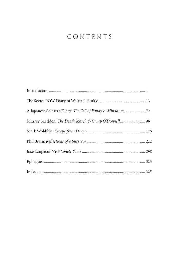 The contents page of *The Secret POW Diary of Walter J. Hinkle* (Schiffer Publishing, Ltd.) lists sections such as the introduction, American POW diary entries from Davao Penal Colony, reflections, epilogue, and index with page numbers.