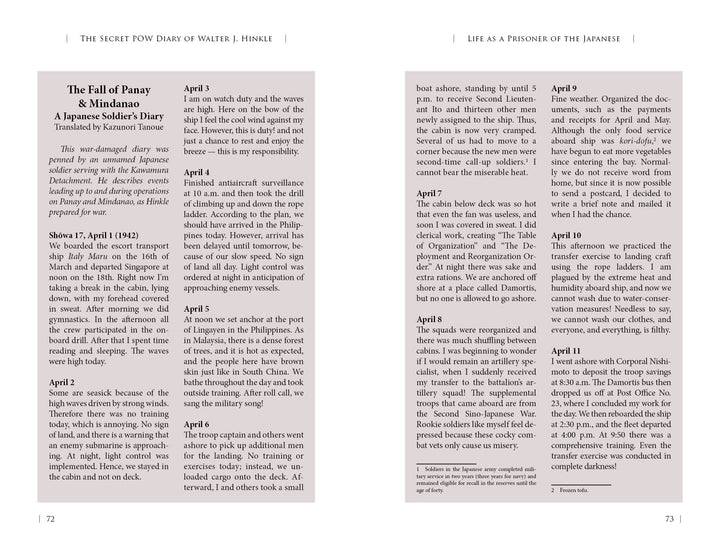 A scanned page from *The Secret POW Diary of Walter J. Hinkle* by Schiffer Publishing, Ltd., features dated diary entries about daily life in Japanese captivity, organized in two columns under section headers.