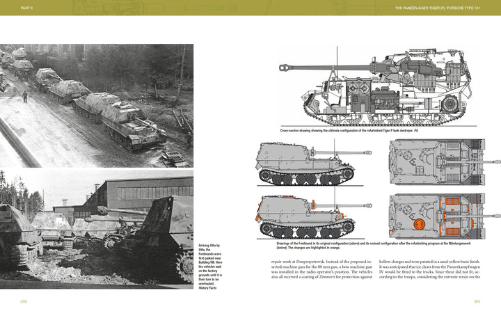 A black-and-white photo of camouflaged armored vehicles and annotated technical diagrams of WWII tank destroyers appear in "The Porsche Tiger and Ferdinand Tank Destroyer" by Schiffer Publishing, Ltd.
