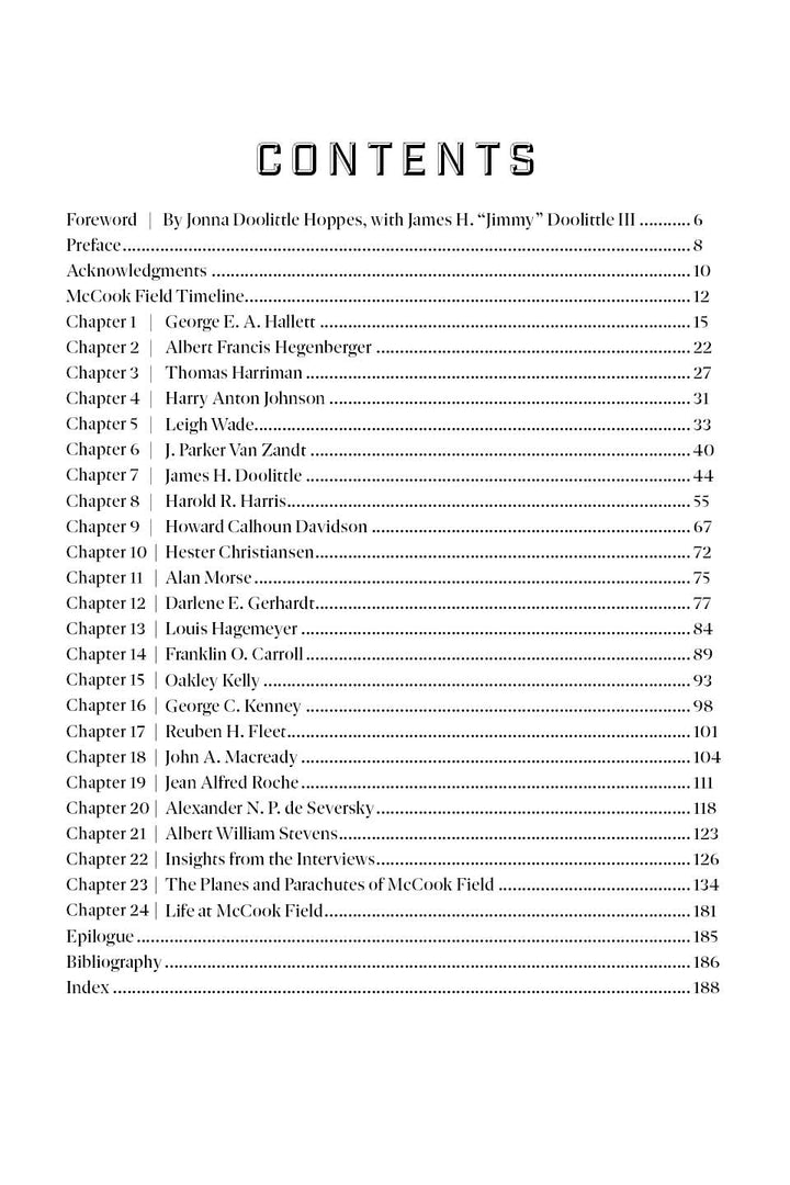 The Aviation Pioneers of McCook Field by Schiffer Publishing, Ltd. includes a table of contents with chapter titles, authors, and page numbers—covering aviation pioneers and early American aviation at McCook Field.