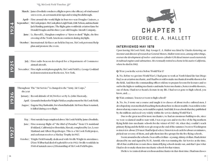 A two-page spread in *The Aviation Pioneers of McCook Field* by Schiffer Publishing, Ltd. displays a McCook Field timeline on the left and Chapter 1 about George E. A. Hallett, with a captioned photo and interview intro, on the right.