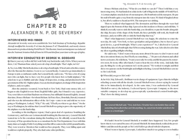 A page from "The Aviation Pioneers of McCook Field" by Schiffer Publishing, Ltd. features Chapter 20 on Alexander N. P. de Seversky, with a small plane illustration, two-column text layout, interview excerpts, and shaded quote boxes.