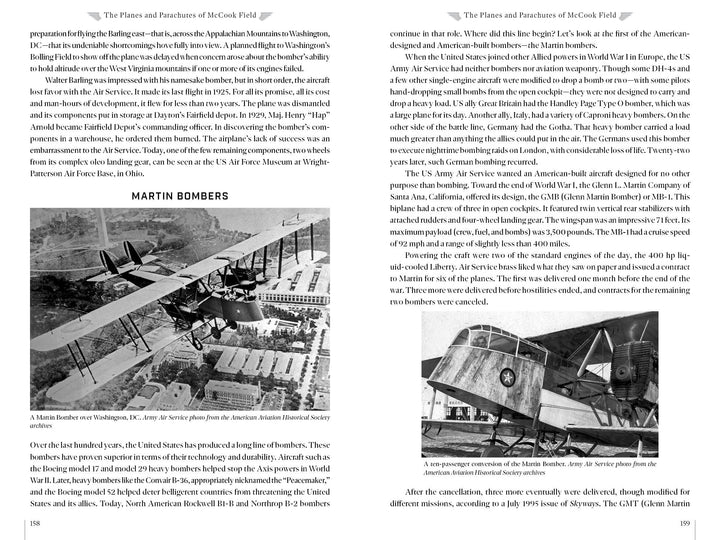 Two black-and-white photos in "The Aviation Pioneers of McCook Field" by Schiffer Publishing, Ltd. depict Martin bombers: one at an airfield, another with two men inspecting it at McCook Field, surrounded by informative text about early American aviation.