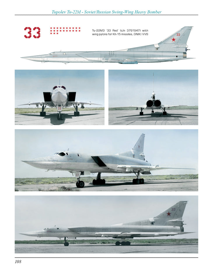 A collage of six images displays the Tupolev Tu-22M by Schiffer Publishing, Ltd., showing the bomber from various angles—side, front, and rear—with its variable-sweep wings and distinctive markings.
