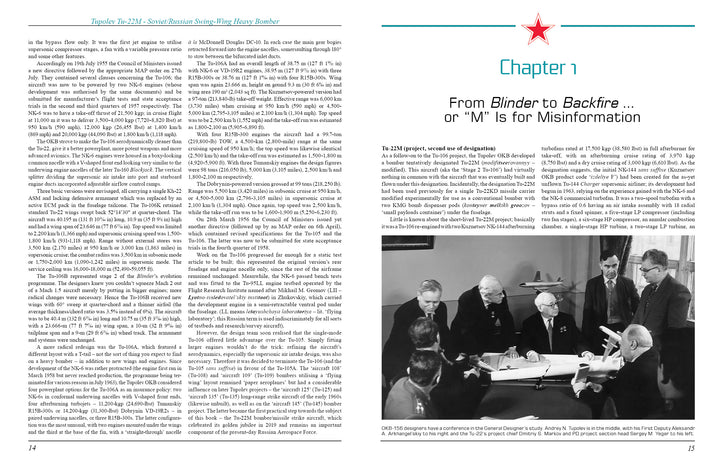 A two-page book spread: the left page shows dense text with the heading Tupolev Tu-22M, while the right presents Chapter 1 and a black-and-white photo of scholars and officials—the origins of Russia’s supersonic bomber.