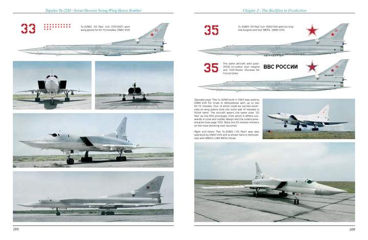 A two-page spread from Schiffer Publishing, Ltd.’s "Tupolev Tu-22M" shows color photos and side-view illustrations of the Russian supersonic bomber with technical details and the red star insignia.
