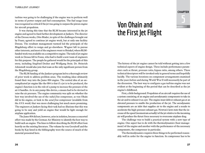 Two pages from Turbulent Journey by Schiffer Publishing, Ltd.: the left page is mostly text; the right starts with CHAPTER 5, “Von Ohain and the First Jet Flight,” covering early jet development and mentioning the Me 262, followed by a column of text.
