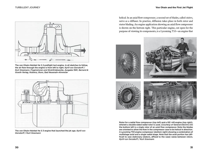 Turbulent Journey by Schiffer Publishing, Ltd. features detailed diagrams and photos of jet engines, including early models like the Me 262, with captions and text explaining their mechanics and historical significance.