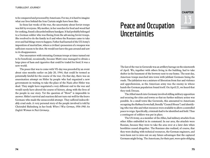 A book spread from "Turbulent Journey" by Schiffer Publishing, Ltd. features text on the left and chapter 13, "Peace and Occupation Uncertainties," on the right—both pages discuss early jet development and Operation Paperclip in two columns.