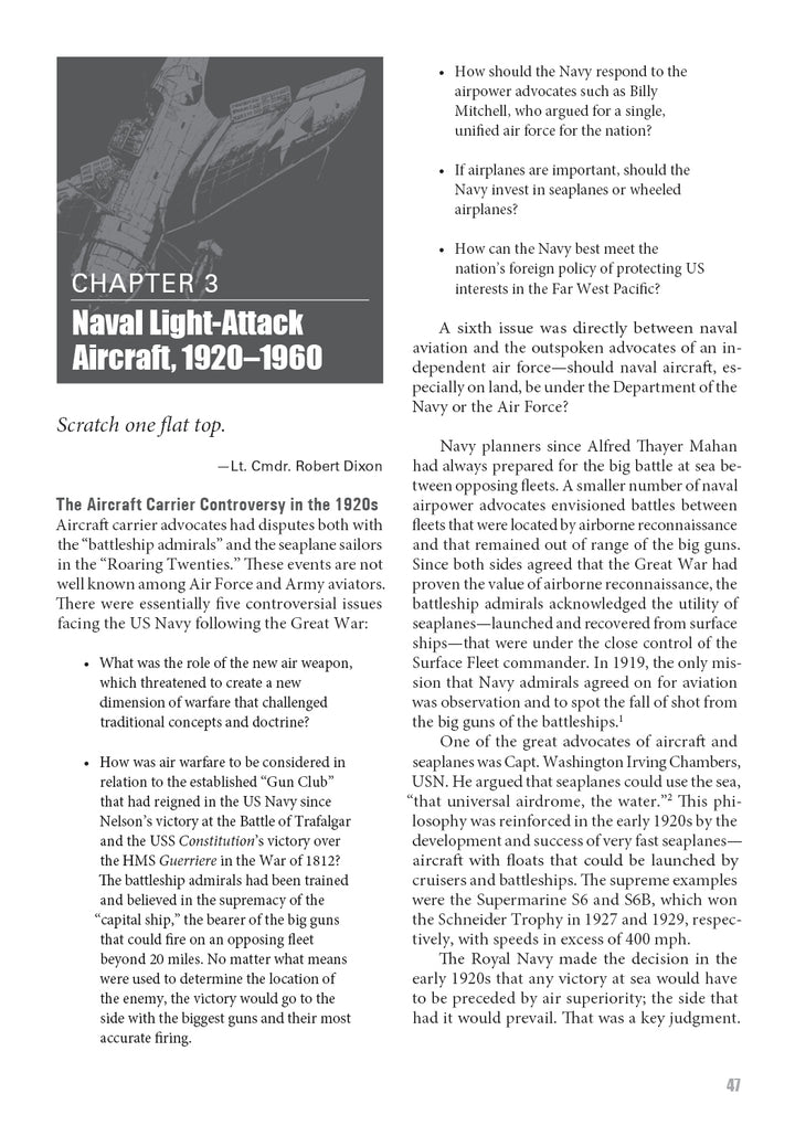 Page from US Attack Aviation by Schiffer Publishing, Ltd. explores American attack aircraft history, the 1920s carrier controversy, design factors, and includes a quote from Lt. Cmdr. Robert Dixon.