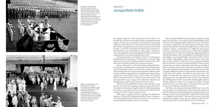 Two black-and-white photos show groups of military personnel on the USS Intrepid (CV-11/CVA-11/CVS-11), plus text about its World War II role. Published by Schiffer Publishing, Ltd.