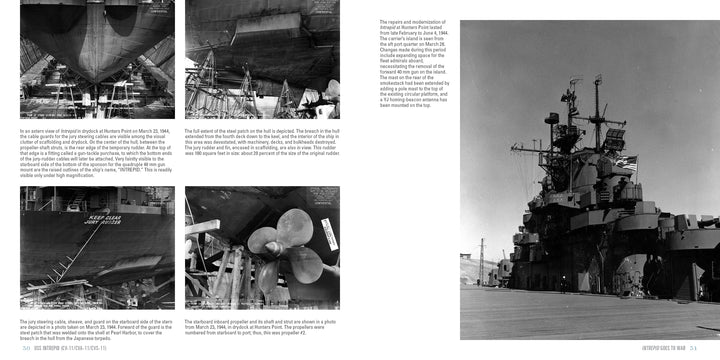 A two-page spread features four black-and-white photos of the USS Missouri’s hull and propeller repairs, plus its superstructure, with text comparing it to museum ship USS Intrepid (CV-11) from Schiffer Publishing, Ltd.