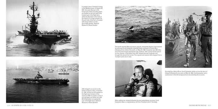A collage features the USS Intrepid (CV-11/CVA-11/CVS-11) at sea, a helicopter rescuing an astronaut, Navy crew aiding a floating astronaut, Scott Carpenter in his suit, and Carpenter speaking post-recovery. Brand: Schiffer Publishing, Ltd.