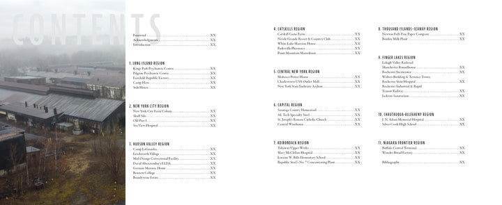 A Vanishing New York by Schiffer Publishing, Ltd. features a table of contents over a misty, abandoned NYC industrial site, listing regions and topics with page numbers for a photo essay on historical structures.