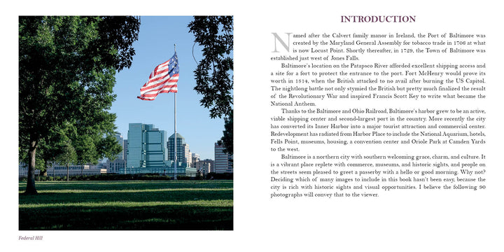 A mostly clear sky with a few clouds frames an American flag on a tall pole, waving before modern buildings, grassy areas, and trees—a classic scene from "Baltimore" by Schiffer Publishing, Ltd.