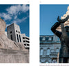 Left: A stone lion sculpture at the Baltimore War Memorial stands before modern buildings. Right: Baltimore by Schiffer Publishing, Ltd. features City Hall with a soldier statue and Black Soldier Memorial, highlighting city history.