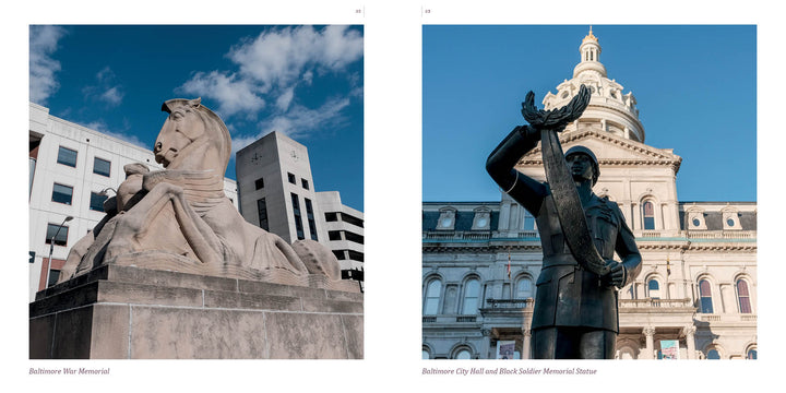 Left: A stone lion sculpture at the Baltimore War Memorial stands before modern buildings. Right: Baltimore by Schiffer Publishing, Ltd. features City Hall with a soldier statue and Black Soldier Memorial, highlighting city history.