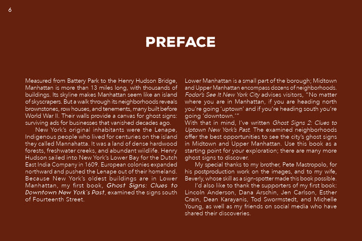A brown page from "Ghost Signs 2" by Schiffer Publishing, Ltd. displays the centered heading PREFACE in white text and describes Manhattan’s neighborhoods, ghost signs, vintage advertising, and New York City history.