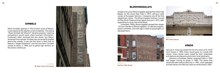 Ghost Signs 2 by Schiffer Publishing, Ltd. presents a two-page spread with historical info and photos of vintage NYC department stores, featuring images of Gimbels, Bloomingdales, and Kress with faded ghost signs and engraved storefronts.