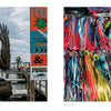 Left: A whimsical owl statue in sunglasses and a red shirt relaxes by the water on Maryland’s Eastern Shore. Right: Vibrant fishing lures are arranged in rows. From "Maryland's Eastern Shore" by Schiffer Publishing, Ltd.