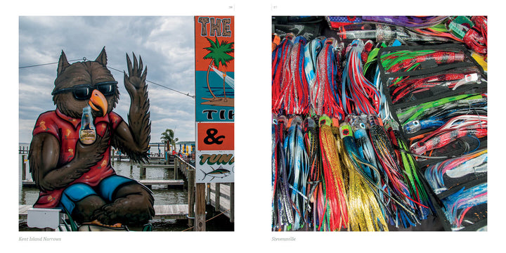 Left: A whimsical owl statue in sunglasses and a red shirt relaxes by the water on Maryland’s Eastern Shore. Right: Vibrant fishing lures are arranged in rows. From "Maryland's Eastern Shore" by Schiffer Publishing, Ltd.