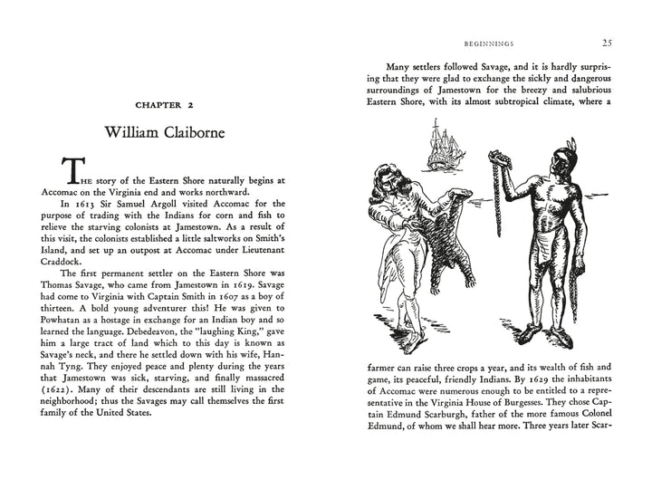 A page from "Rivers of the Eastern Shore, 2nd Edition" by Schiffer Publishing, Ltd. shows the start of Chapter 2, "William Claiborne," with text on early settlers and an illustration of two men—one colonial, one with a bow.