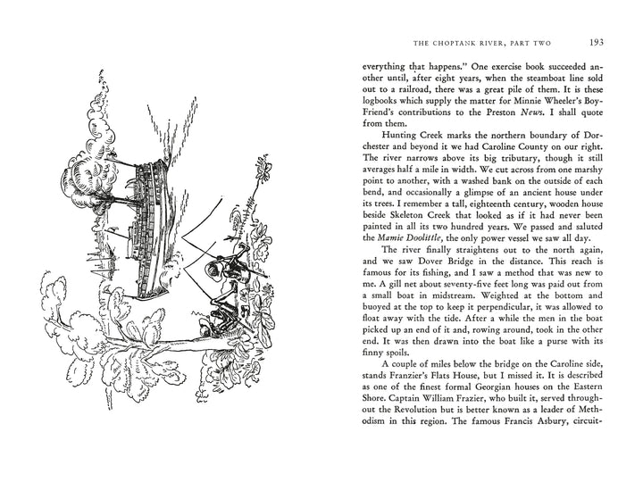 A vintage illustration of a steamboat on Maryland's Eastern Shore, with trees, bird, and coiled snake, reminiscent of Rivers of America, is printed on a book page from "Rivers of the Eastern Shore, 2nd Edition" by Schiffer Publishing, Ltd.