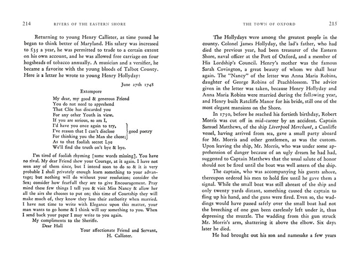 Two facing book pages: The left shows a June 17, 1748 letter with a poem and reflections; the right details Oxford County’s families and history, evoking the storytelling of Rivers of the Eastern Shore, 2nd Edition by Schiffer Publishing, Ltd.