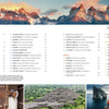 Colorful panoramic image of sunlit mountains tops the cover of "Secret Places" by Schiffer Publishing, Ltd., above a table of contents listing crowd-free vacation spots by continent and photos of locals, ancient ruins, and stunning landscapes along the bottom edge.