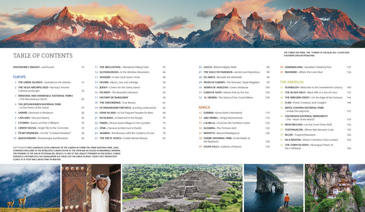 Colorful panoramic image of sunlit mountains tops the cover of "Secret Places" by Schiffer Publishing, Ltd., above a table of contents listing crowd-free vacation spots by continent and photos of locals, ancient ruins, and stunning landscapes along the bottom edge.