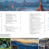 The table of contents for "Secret Places" by Schiffer Publishing, Ltd. appears over ancient temples, with smaller images below revealing hidden destinations—ornate architecture, a scenic waterfall, mountain lake, rugged cliffs, and flamingos in water.