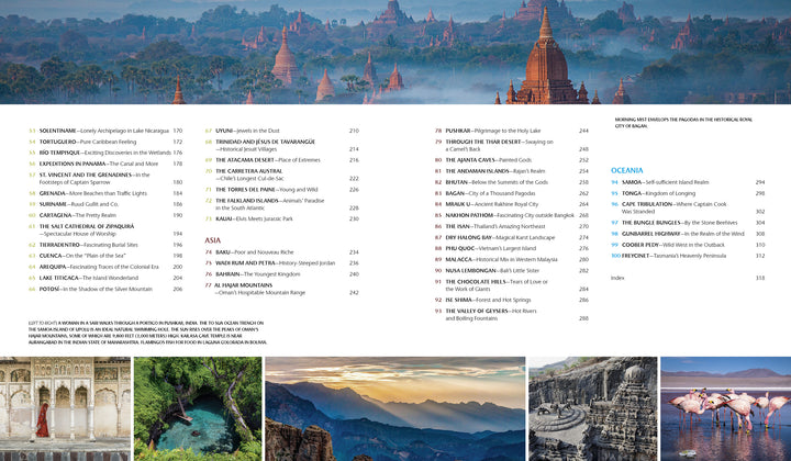The table of contents for "Secret Places" by Schiffer Publishing, Ltd. appears over ancient temples, with smaller images below revealing hidden destinations—ornate architecture, a scenic waterfall, mountain lake, rugged cliffs, and flamingos in water.