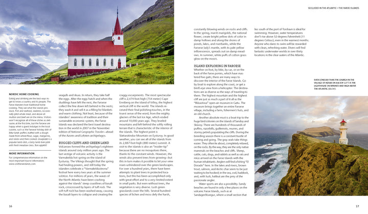 On the pages of Schiffer Publishing, Ltd.'s "Secret Places," a red-roofed church stands on a grassy hill with mountains behind, while a white and red lighthouse overlooks the ocean—ideal for a peaceful getaway. Text spans both pages.