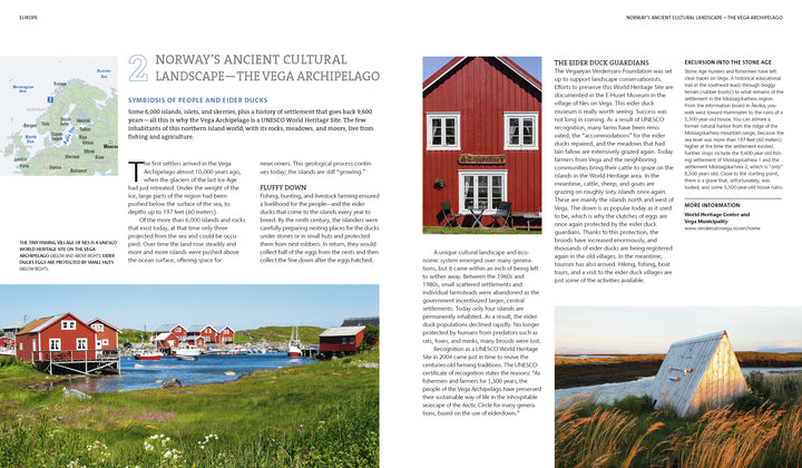 A spread from Secret Places by Schiffer Publishing, Ltd. highlights Norway’s Vega Archipelago with text, a map, and images of red houses by the water and a white barn—ideal inspiration for travelers seeking hidden, crowd-free destinations.