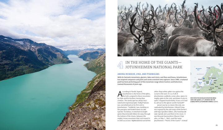 Left page: A turquoise river flows through rocky mountains—an ideal hidden getaway. Right page: Reindeer antlers, a map, and info on Jotunheimen National Park from "Secret Places" by Schiffer Publishing, Ltd.