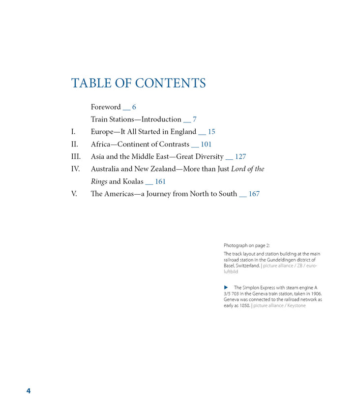 The table of contents in Train Stations of the World by Schiffer Publishing, Ltd. lists sections on Foreword, Introduction, and chapters about rail transit in Africa, Asia and the Middle East, Australia and New Zealand, and the Americas with page numbers.