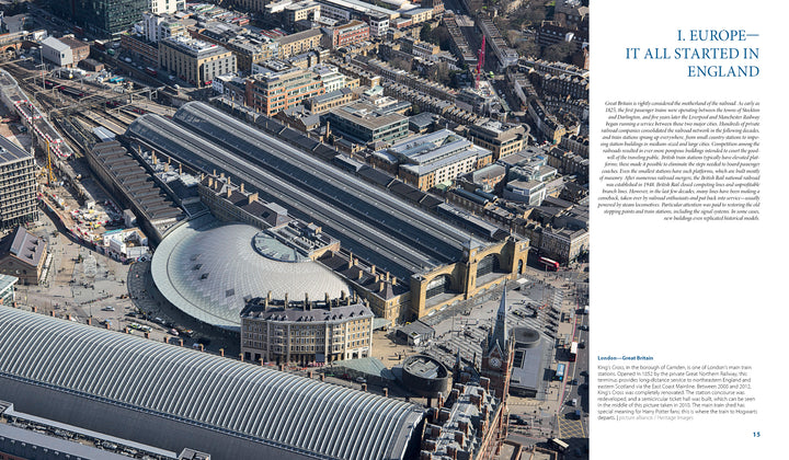 Aerial view of London’s King’s Cross and St Pancras, featured in "Train Stations of the World" by Schiffer Publishing, Ltd. The stations’ historic architecture and surrounding cityscape are shown, with text about Europe and England on the right.
