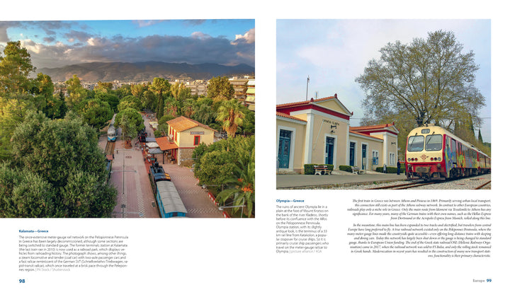 Featured in *Train Stations of the World* by Schiffer Publishing, Ltd., a scenic Greek town appears with mountain views, trees, and buildings; opposite, a yellow-red train is parked at a charming station amid people and a large tree.