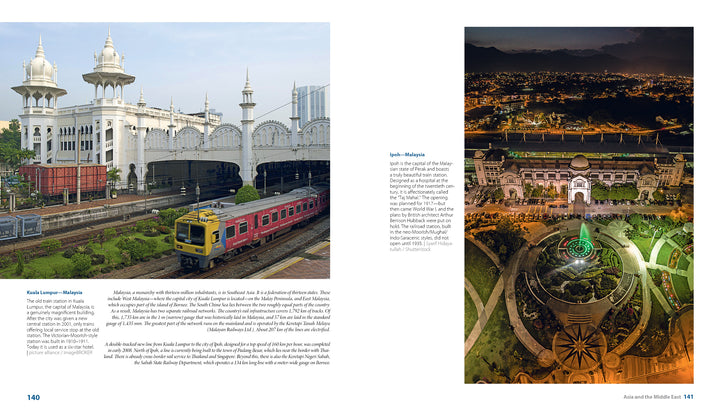 Left: A red train glides past Kuala Lumpur’s striking colonial station. Right: Ipoh Railway Station glows at night—both featured in "Train Stations of the World" by Schiffer Publishing, Ltd., celebrating grand rail hubs.
