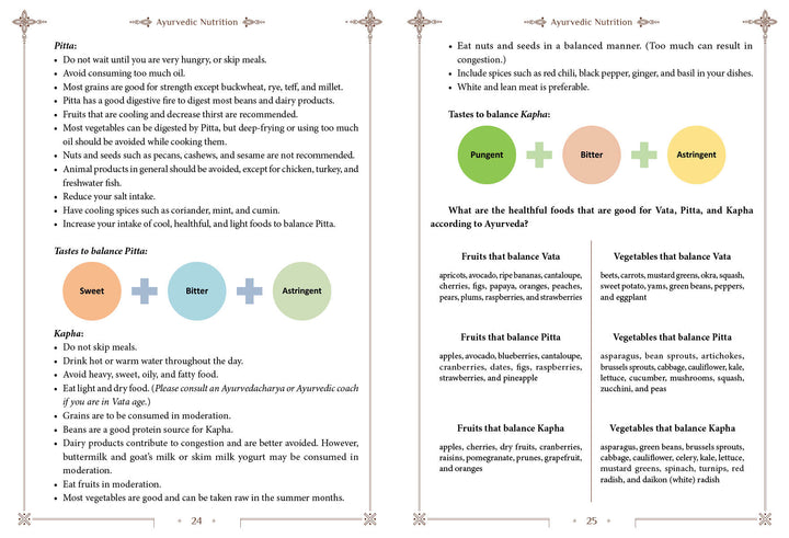 Two pages from *A Peek into Vedic Wellness* by Schiffer Publishing, Ltd.: the left page shares Ayurveda eating tips by dosha, while the right covers taste types, a taste balance chart, and Vedic wellness foods for each dosha.