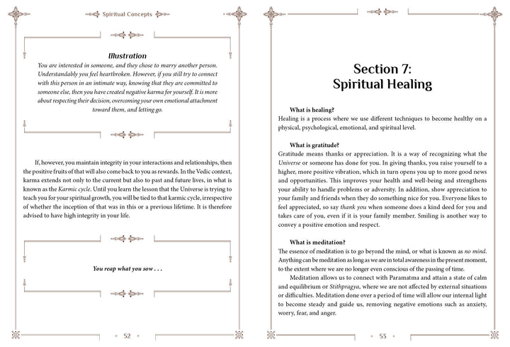 In Schiffer Publishing, Ltd.'s "A Peek into Vedic Wellness," two pages in Section 7: Spiritual Healing explore healing, gratitude, and meditation in Vedic wellness. Includes a karma quote and “Spiritual Concepts” illustration with decorative borders.