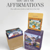 A photo of "The Art of Affirmations" box set from Schiffer Publishing, Ltd., showing three vibrant affirmation card decks for self-improvement. The displayed card reads “I am growing.”.