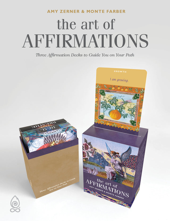 A photo of "The Art of Affirmations" box set from Schiffer Publishing, Ltd., showing three vibrant affirmation card decks for self-improvement. The displayed card reads “I am growing.”.