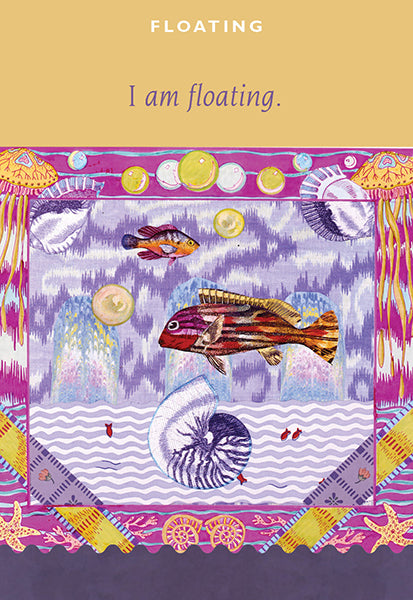 The Art of Affirmations card by Schiffer Publishing, Ltd. features "FLOATING" at the top, with colorful fish, jellyfish, and shells in a purple-blue underwater scene; center text reads "I am floating.