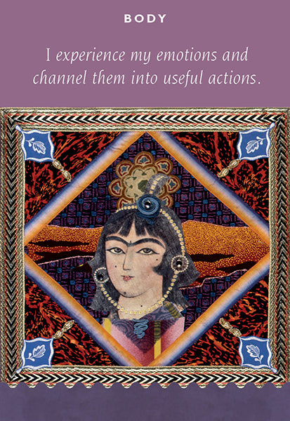 The Art of Affirmations by Schiffer Publishing, Ltd. features a stylized portrait of a woman with ornate patterns and the text "BODY" on a purple background—an inspiring card deck for self-improvement.