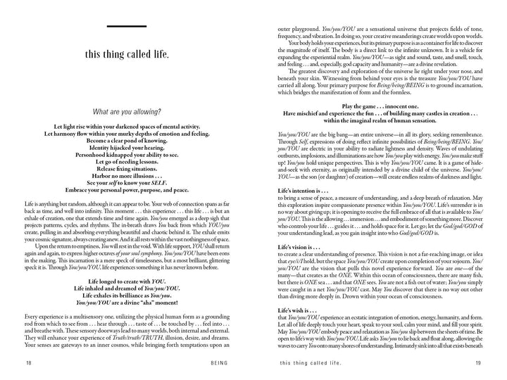 Two pages from “Being” by Schiffer Publishing, Ltd. feature dense columns of text. The left page centers on personal transformation, with italicized sections, a list, and the heading “What are you allowing?” The right page continues the article.