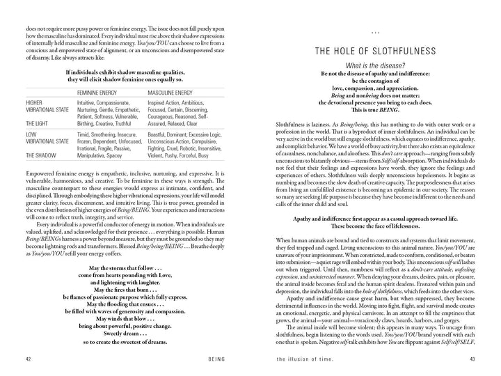 In "Being" by Schiffer Publishing, Ltd., a two-page spread compares feminine and masculine energy traits in a left-page chart, while the right page explores slothfulness as a barrier to self-realization, causing apathy and resistance in life and work.