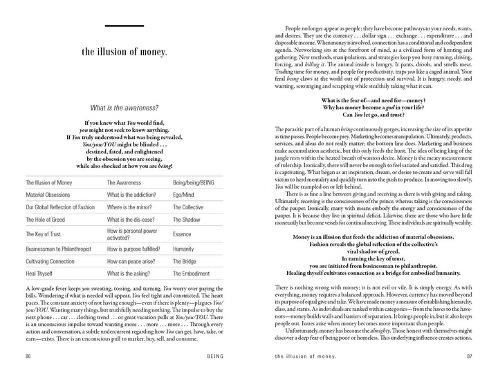 A double-page spread from Schiffer Publishing, Ltd.'s "Being": the left page has a spiritual table titled "What is the Awareness?," while the right page offers a detailed essay on money’s influence.