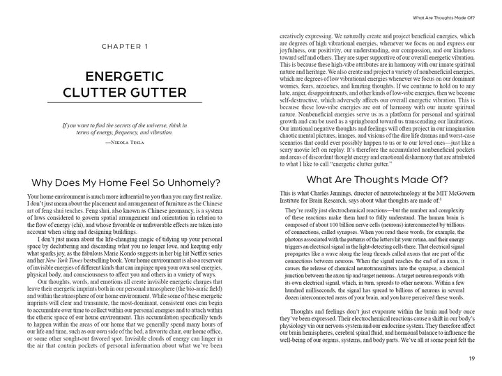 An open book, Clear Spirit by Schiffer Publishing, Ltd., shows Chapter 1: Energetic Clutter Gutter. The left page reveals why homes may feel unwelcoming; the right discusses thoughts and how energy clearing restores harmony, in a two-column design.